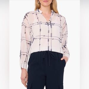 🆕 Halogen V Neck Windowpane Plaid Blouse with Tank, Semi Sheer Size XL